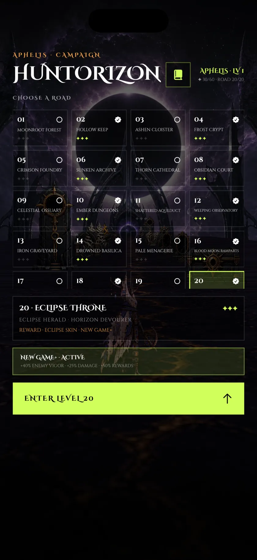 HUNTORIZON campaign screen showing the twenty-road structure