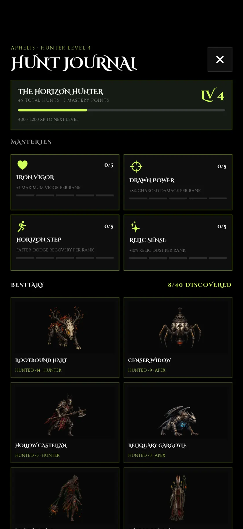 HUNTORIZON Hunt Journal with creature and mastery records